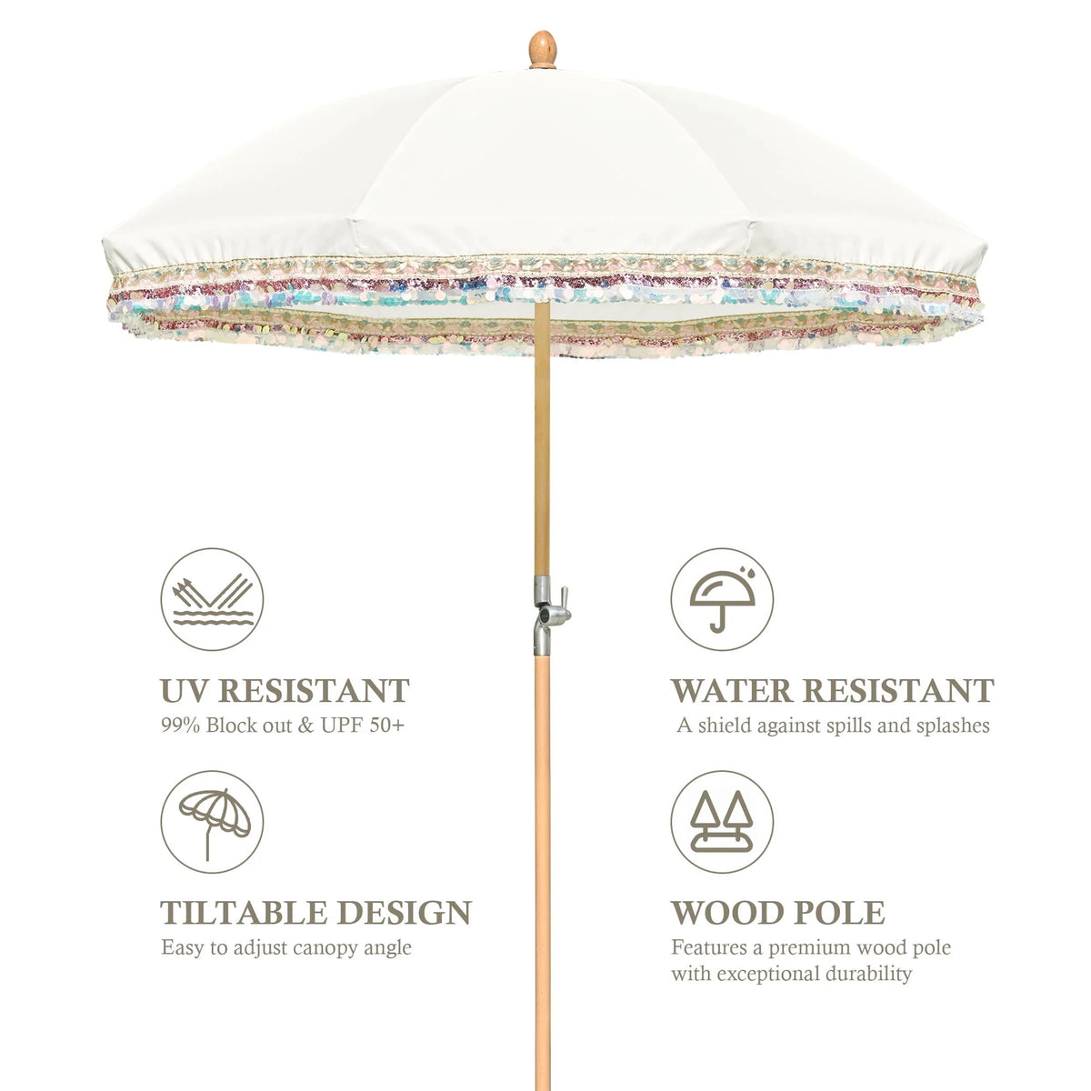 LAGarden 6 Ft Fringe Patio Umbrella with Tassel Jazz Age Wood UPF50+ for Outdoor, Beige with gold tassel,Model: JZ6-01