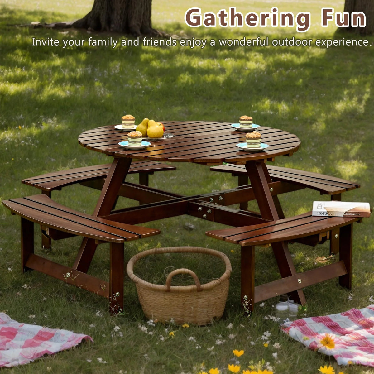 8 Person Wood Picnic Table, Outdoor Round Picnic Table with 4 Built-in Benches, Umbrella Hole, Outside Table and Bench Set for Patio, Backyard, 500lbs Capacity Per Bench