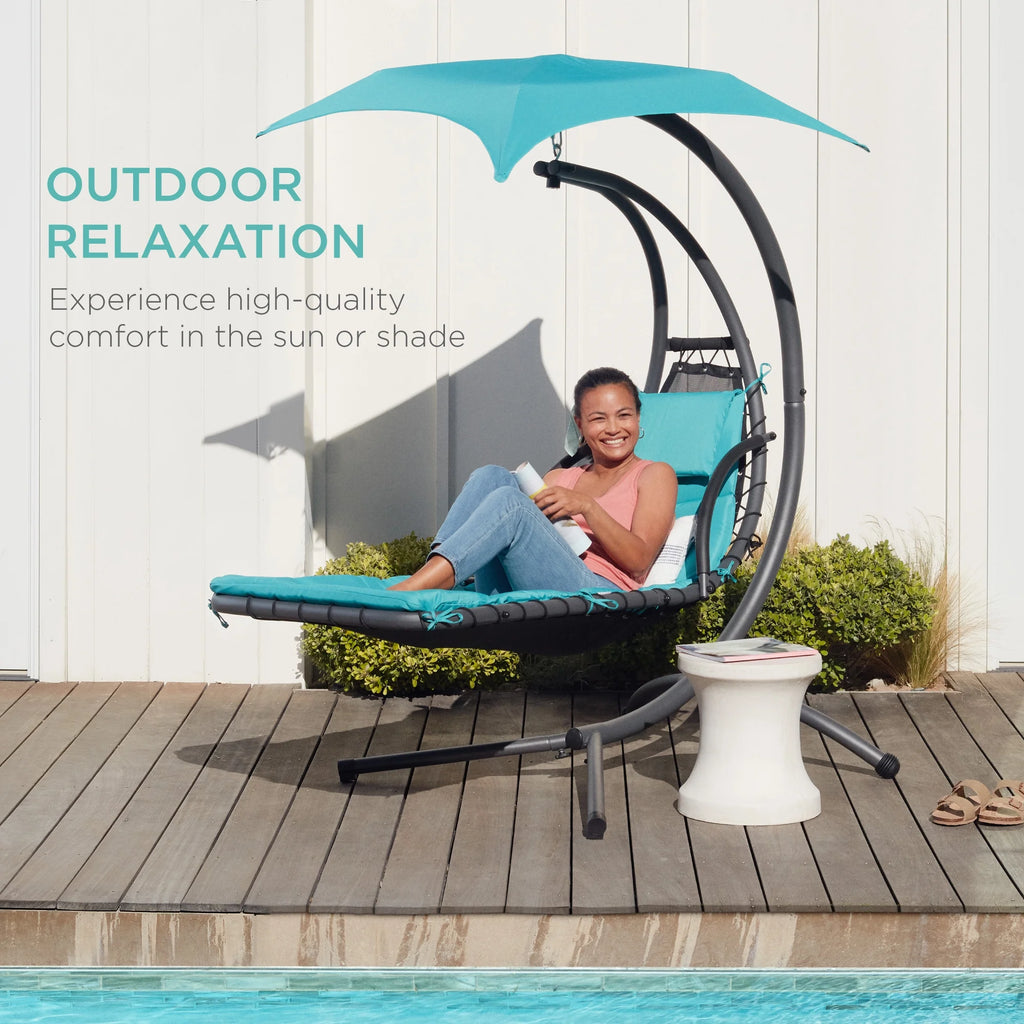 Best Choice Products Hanging Curved Chaise Lounge Chair Swing for Backyard, Patio w/ Pillow, Shade, Stand - Teal