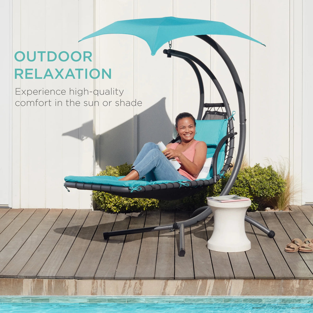 Best Choice Products Hanging Curved Chaise Lounge Chair Swing for Backyard, Patio w/ Pillow, Shade, Stand - Teal