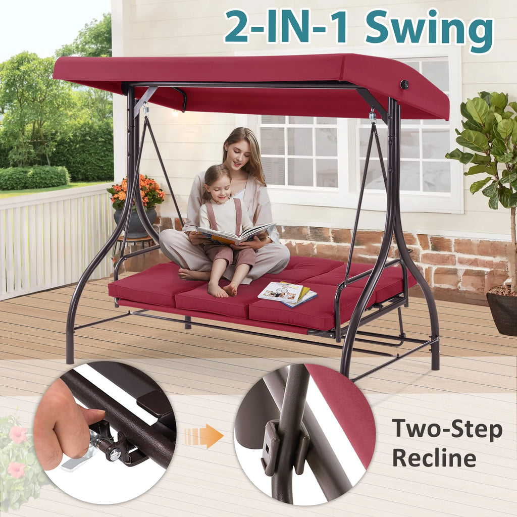 MCombo 3-Seat Outdoor Patio Swing Chair Cushioned with Adjustable Backrest and Canopy, Pillow, Brown