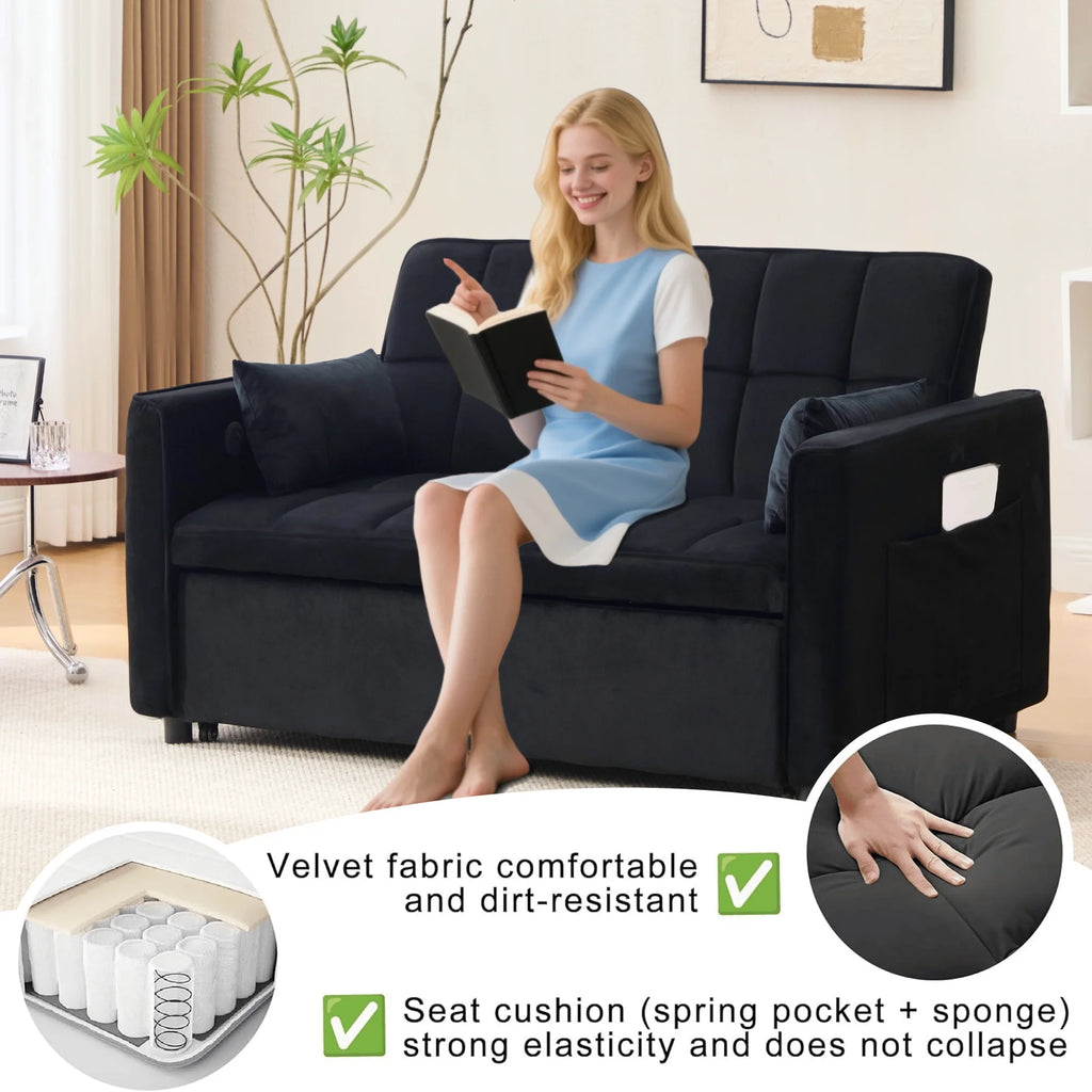 Velvet 3-in-1 Convertible Sofa Bed �C USB Charging, Adjustable Backrest Pull-Out Couch Loveseat Sleeper for Living Room, Apartment & Small Space,Black