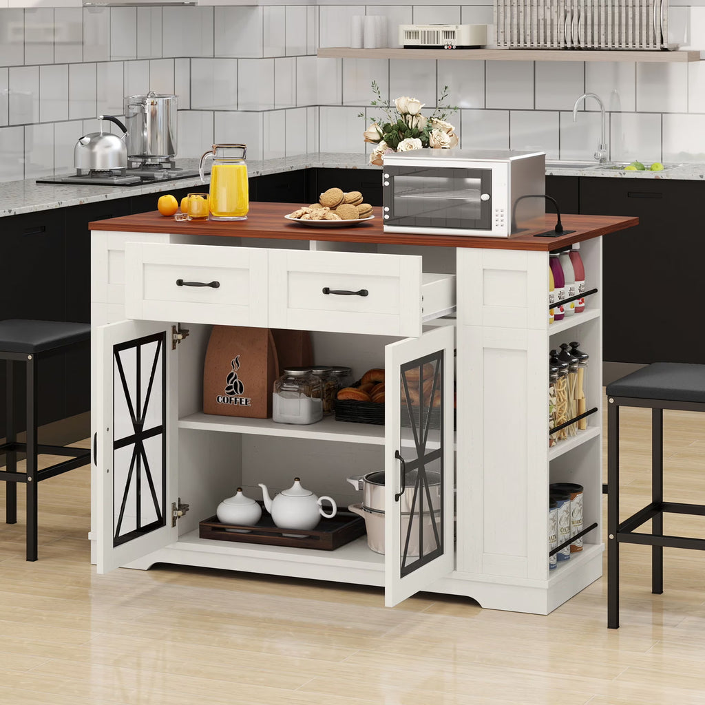 Uforic Kitchen Island Table with Seating & Drop Leaf, Kitchen Island with Storage & Wheels, Off-White