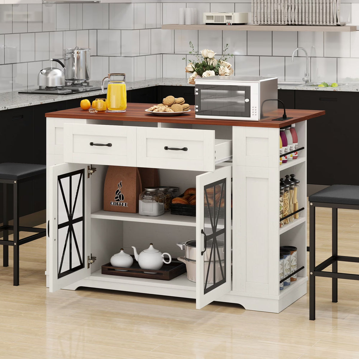 Uforic Kitchen Island Table with Seating & Drop Leaf, Kitchen Island with Storage & Wheels, Off-White