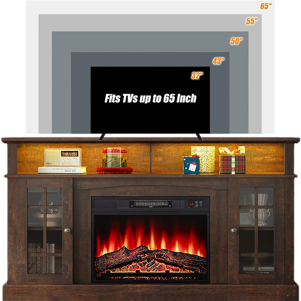 SESSLIFE Fireplace TV Stand for 65 Inch TV, TV Console with 23''Electric Fireplace, Console Entertainment Center Television Table for Living Room or Bedroom, Brown