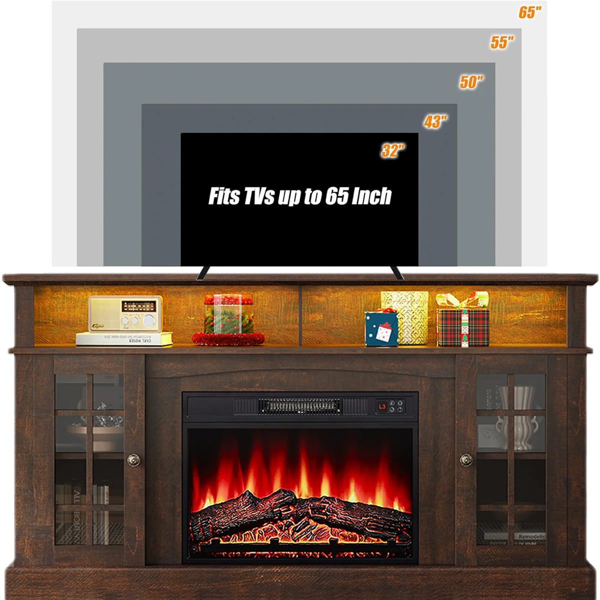 SESSLIFE Fireplace TV Stand for 65 Inch TV, TV Console with 23''Electric Fireplace, Console Entertainment Center Television Table for Living Room or Bedroom, Brown