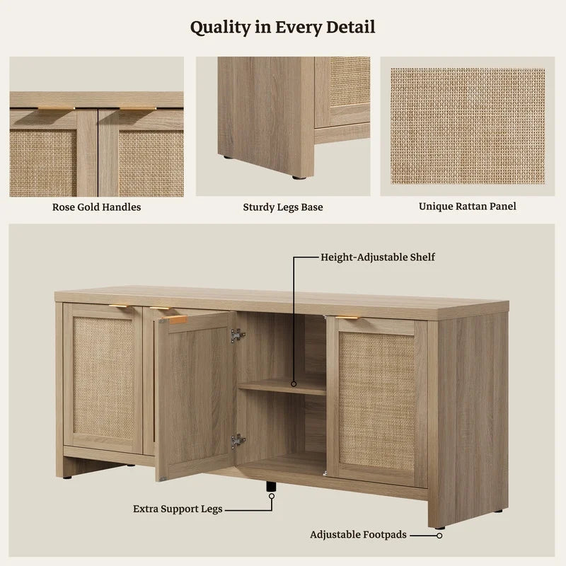 SICOTAS 61.5"W Rattan TV Stand with 4 Doors, Boho Entertainment Center with Adjustable Shelves & Spacious Countertop �C Large Boho Farmhouse Media Console for Living Room, Reclaimed Caramel Oak