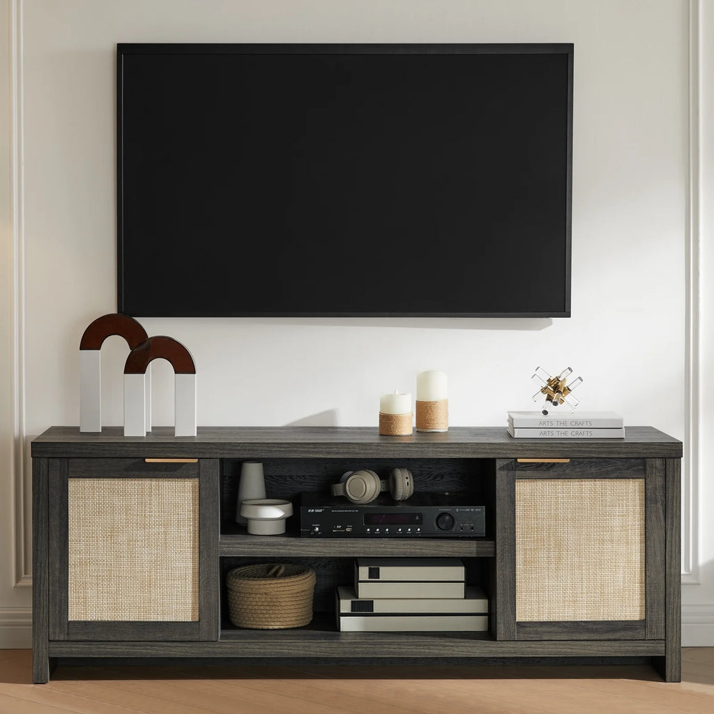 OAKHAM Rattan Tv Stands for 65 Inch Tv, Modern Farmhouse Entertainment Center, TV Console Table with Storage, Wood Media Console with Cabinet, Special Walnut