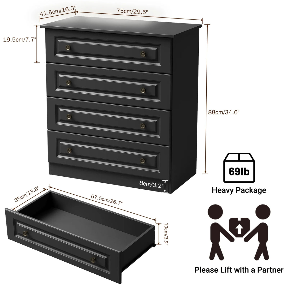IDEALSOUL Dresser, Black Dresser Tall dresser with Large Storage Space, 4 Drawer Dresser for Bedroom, Hallway, Entryway