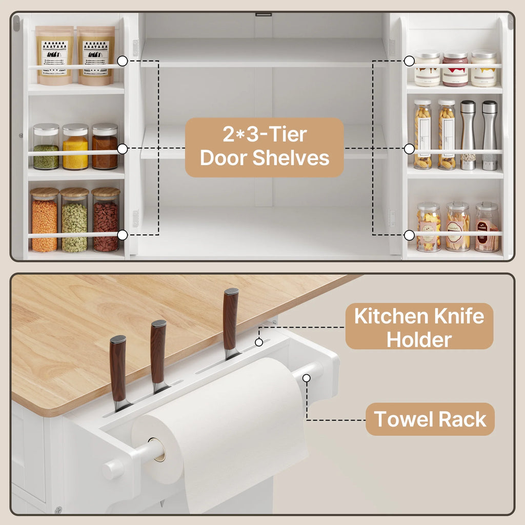 Noelse Rolling Kitchen Island with Drop Leaf Table and Hidden Trash Cabinet, Mobile Kitchen Cart with Storage Drawer, Adjustable Shelves & Rubberwood Countertop on Wheels, White