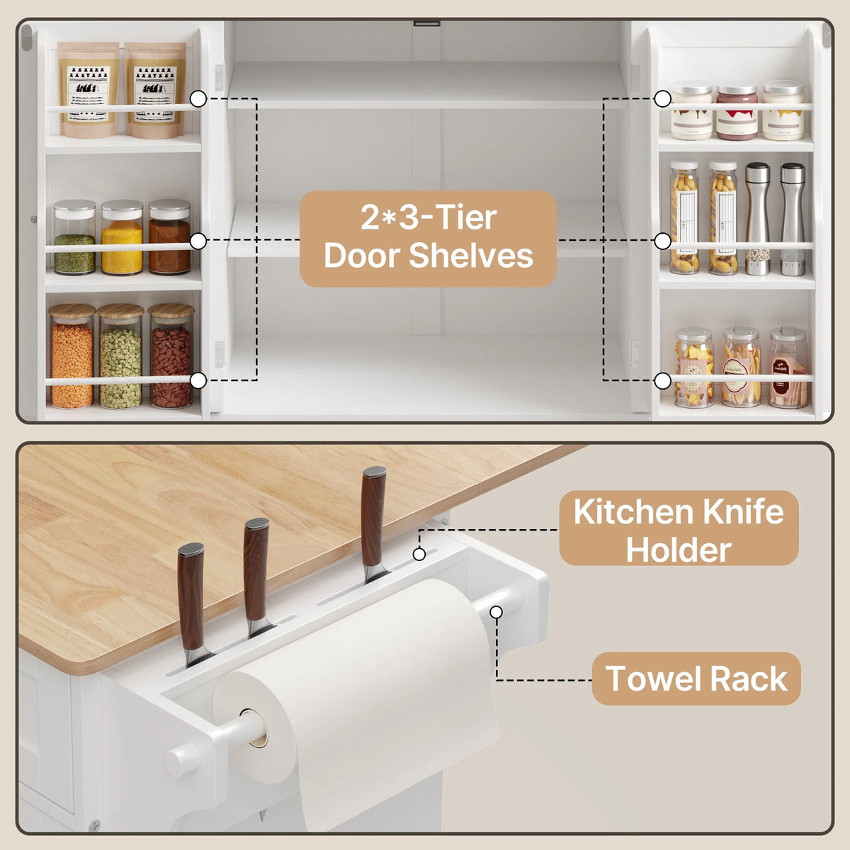 Noelse Rolling Kitchen Island with Drop Leaf Table and Hidden Trash Cabinet, Mobile Kitchen Cart with Storage Drawer, Adjustable Shelves & Rubberwood Countertop on Wheels, White