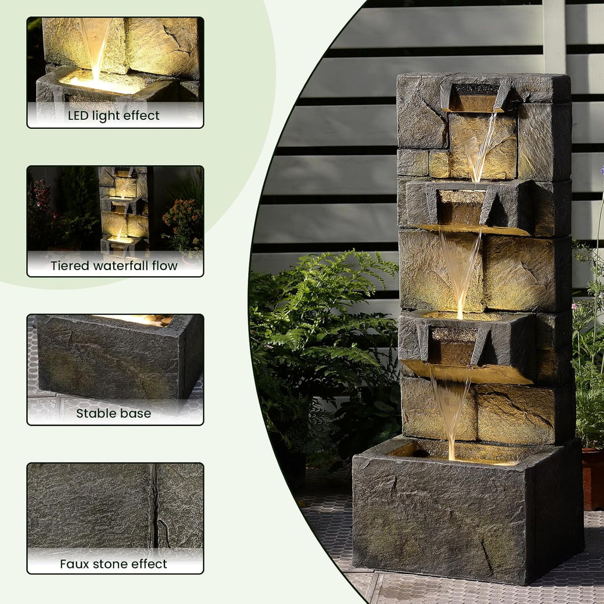 32.2" 3-Tier Outdoor Garden Water Fountain with LED Lights, Mossy Stone Cascading Resin Waterfall Feature for Patio, Yard, or Porch Decor