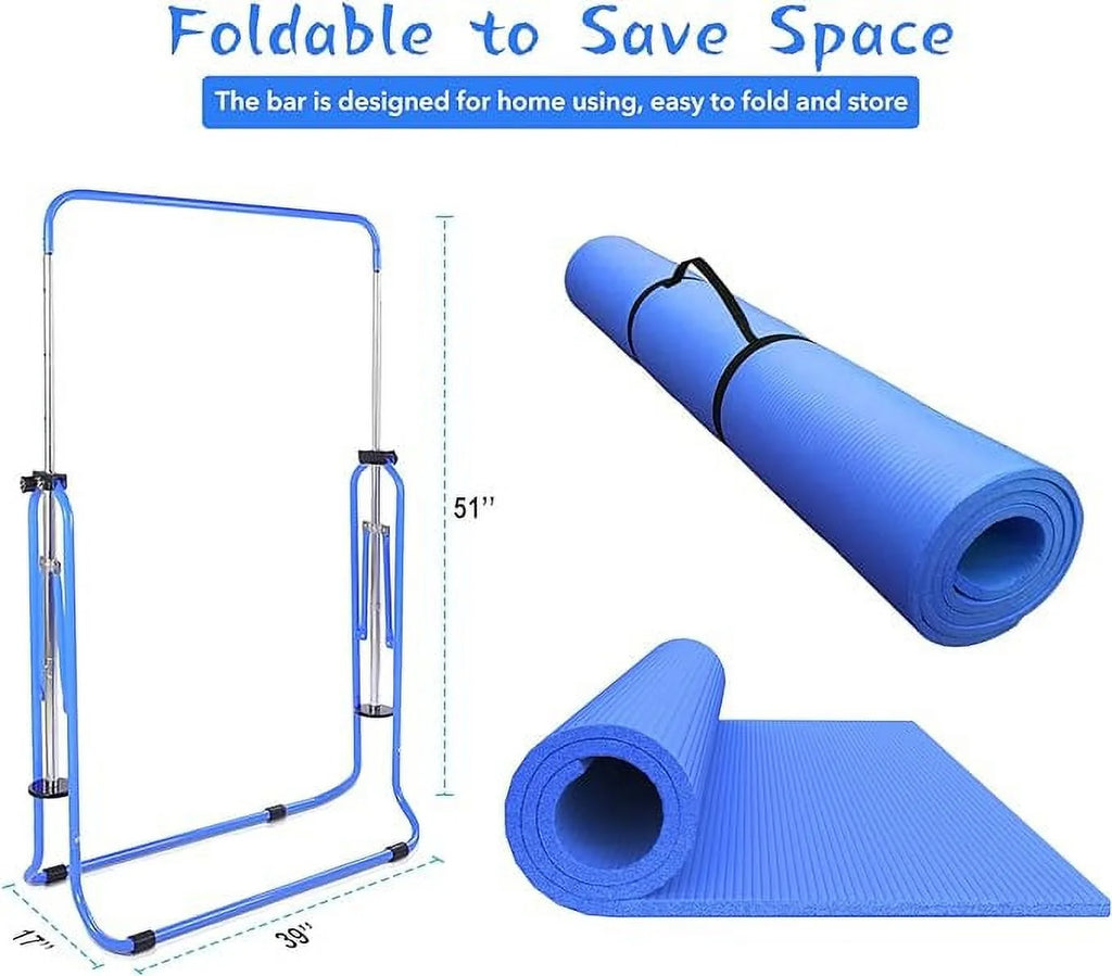 Safly Fun Gymnastics Bar with Mat for Kids, Height Adjustable Junior Training Bar Mat for Home, Folding Gymnastic Horizontal Bars Equipment (Pink+Mat)