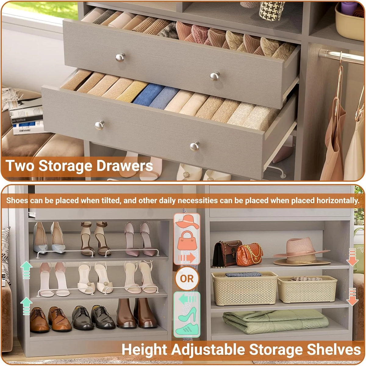 iSunirm 5FT Closet System with Drawers,5FT Closet System with Drawers, 60" Closet Organizer System with 2 Hanging Shelving Perfect Storage Solution for Organizing Your Closet