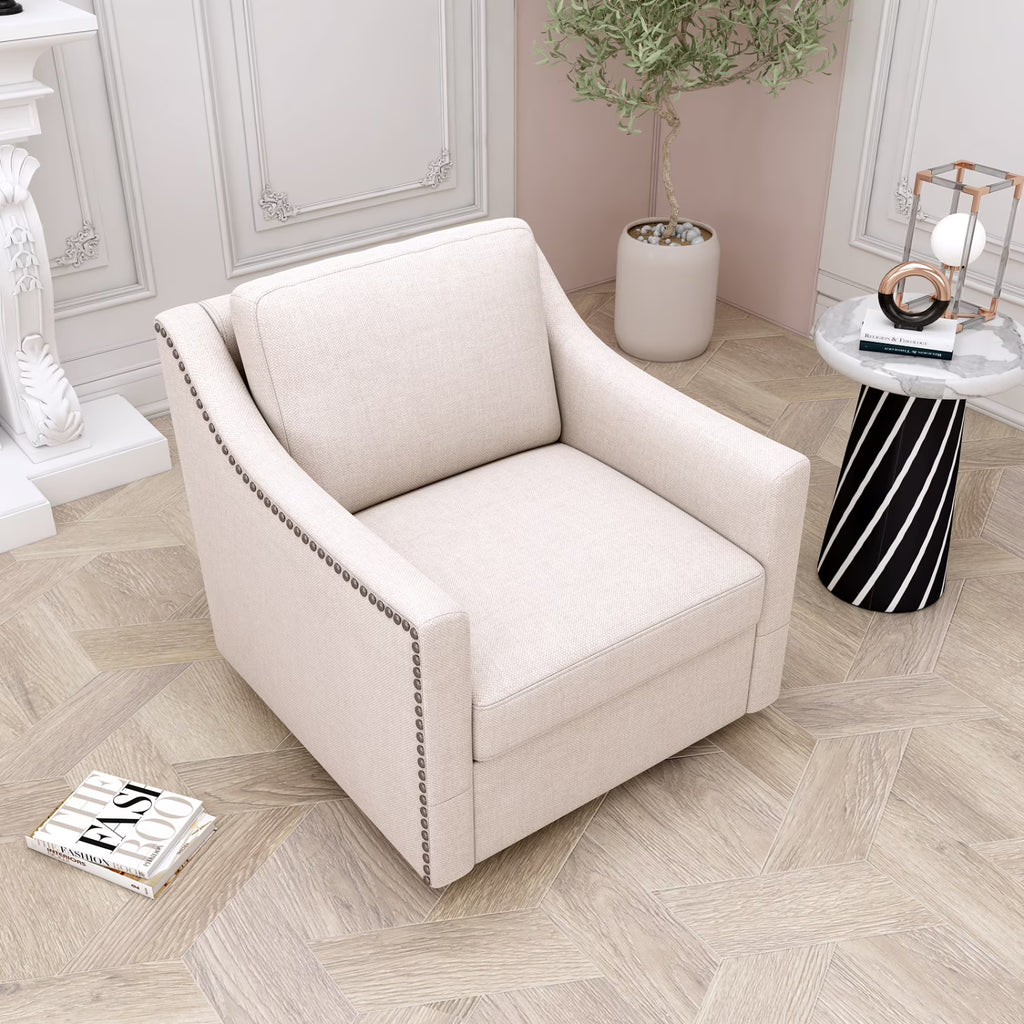 Swivel Accent Chair Armchair, 360�� Swivel Chair in Cotton Linen, Living Room Chairs with Wide Cusion and Curved Armrest, Comfy Barrel Sofa Reading Chairs for Bedroom, Small Spaces, Office, Grey