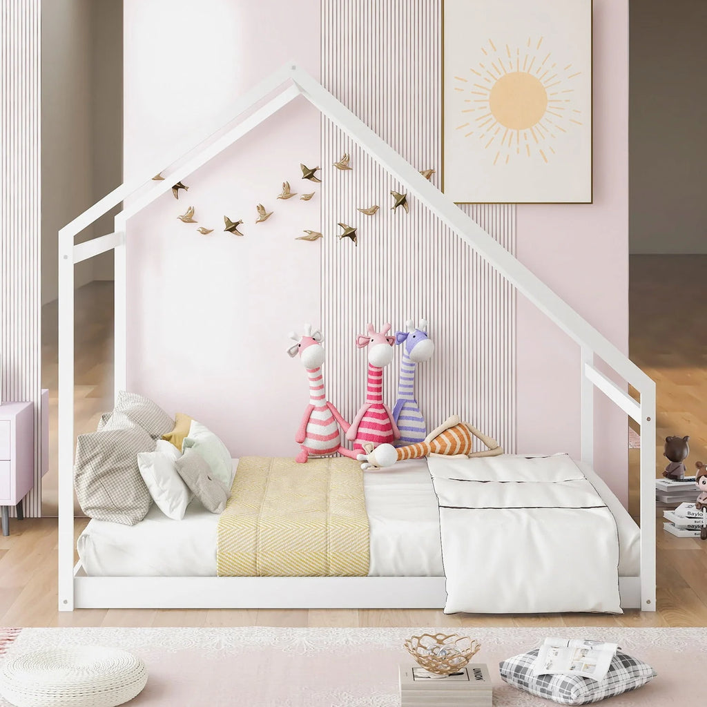 Full Size House Bed, Wooden Floor Bed Frame with Roof for Toddlers Kids Girls Boys, Can be Decorated, White 77.8"L x 56.8"W x73.2"H