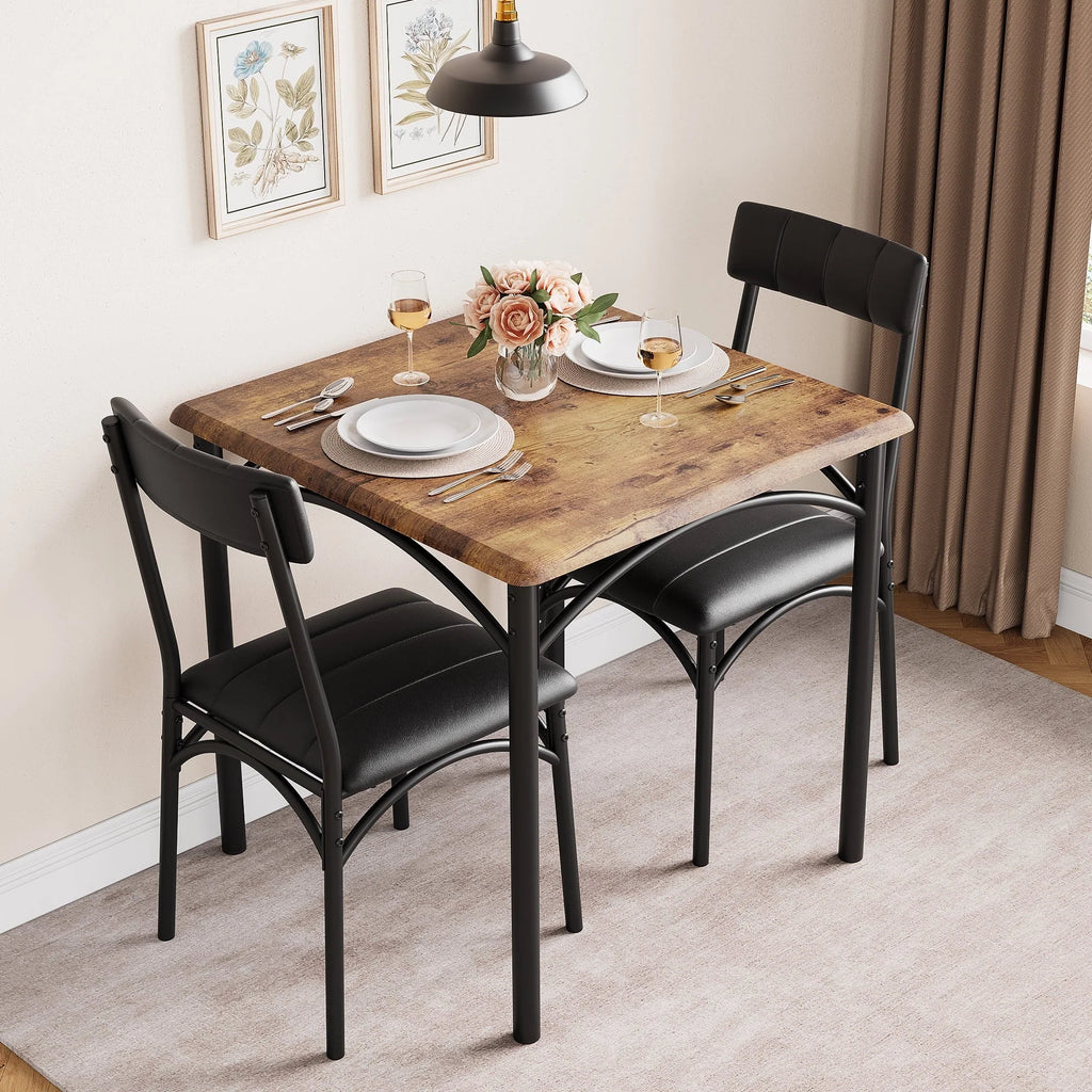 Yesfashion 3 Piece Dining Table Set, Kitchen Table and Chairs for 2, Metal and Wood Square Dining Room Table Set with 2 Upholstered Chairs