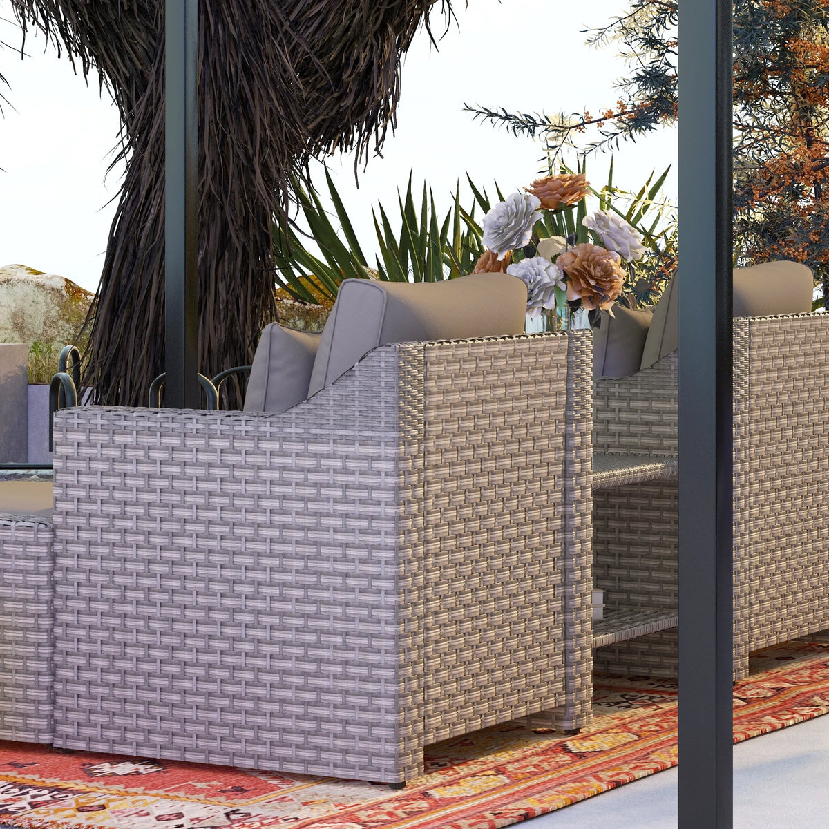 Outsunny 5 Piece Patio Furniture Set, All Weather PE Rattan Conversation Chair & Ottoman Set w/ Table, Cushions & Pillows Included, Beige