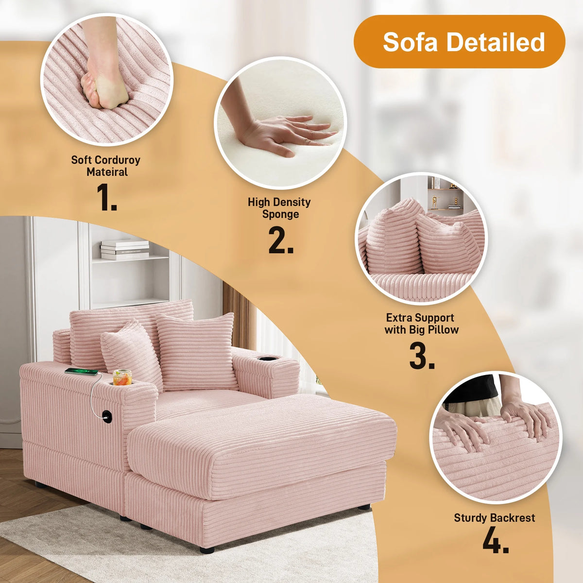 Wiilayok Oversized Lounge Chair Indoor,54" Corduroy Cloud Chaise Lounge Couch Indoor with Ottoman,Cup Holder for Living Room,Bedroom,Beige