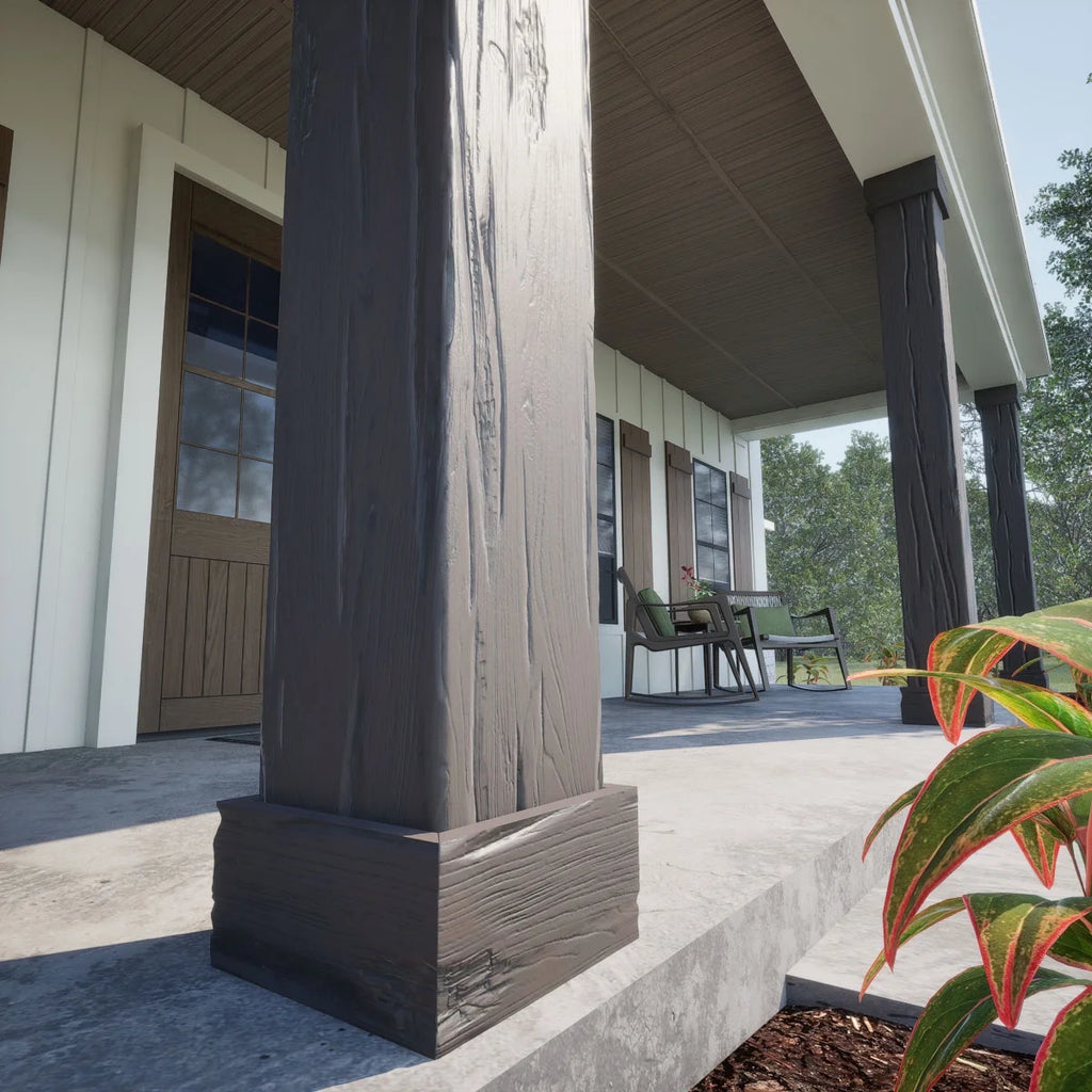 Ekena Millwork 18"W x 5'H Hand Hewn Endurathane Faux Wood Non-Tapered Square Column Wrap with Standard Capital & Base