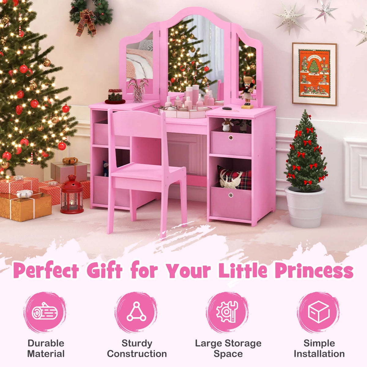 Infans Kids Vanity Table & Chair Set 2-in-1 Princess Pretend Play Makeup Vanity Set
