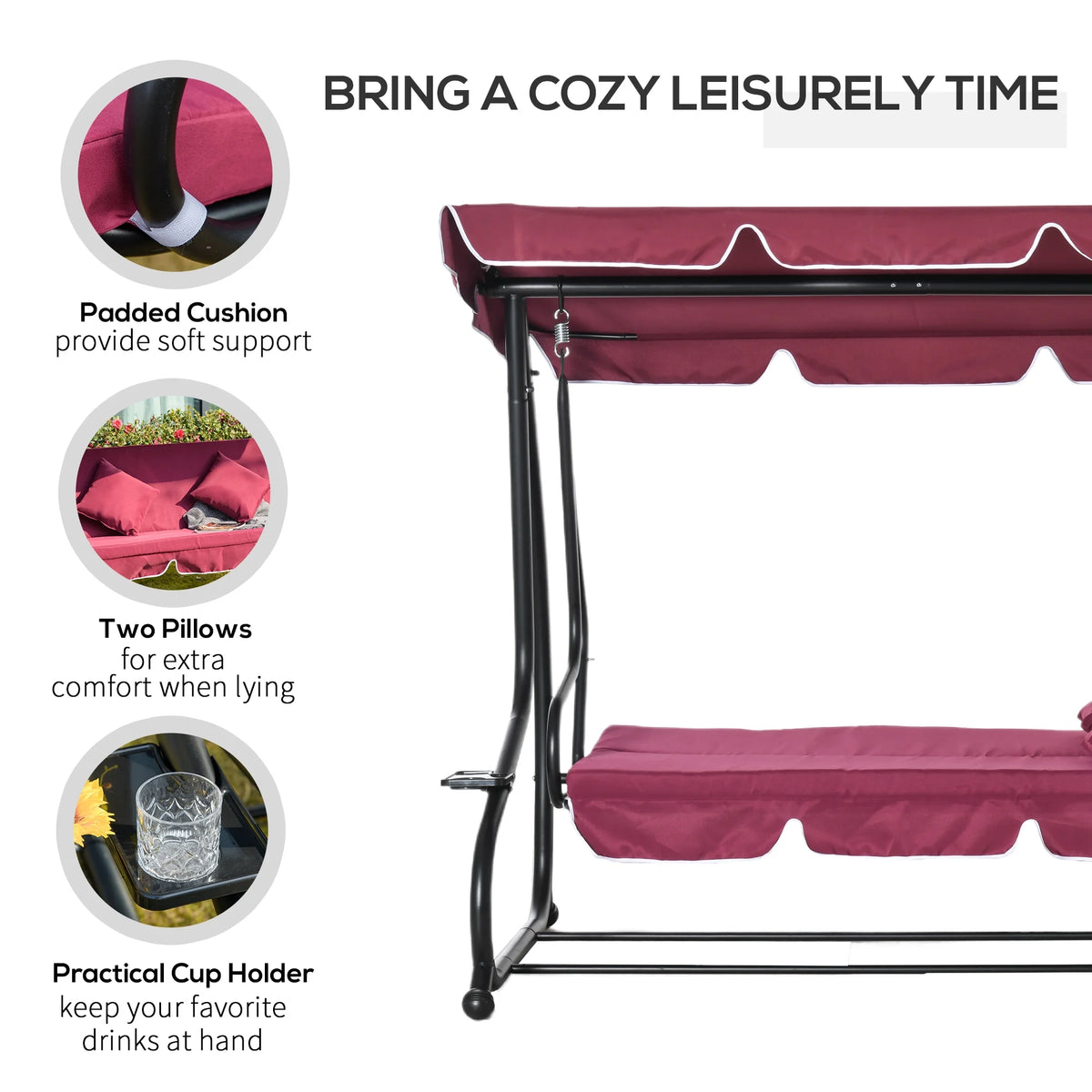 Outsunny 3-Seat Steel Outdoor Canopy Porch Swing with Cushions and Pillows, Light Brown