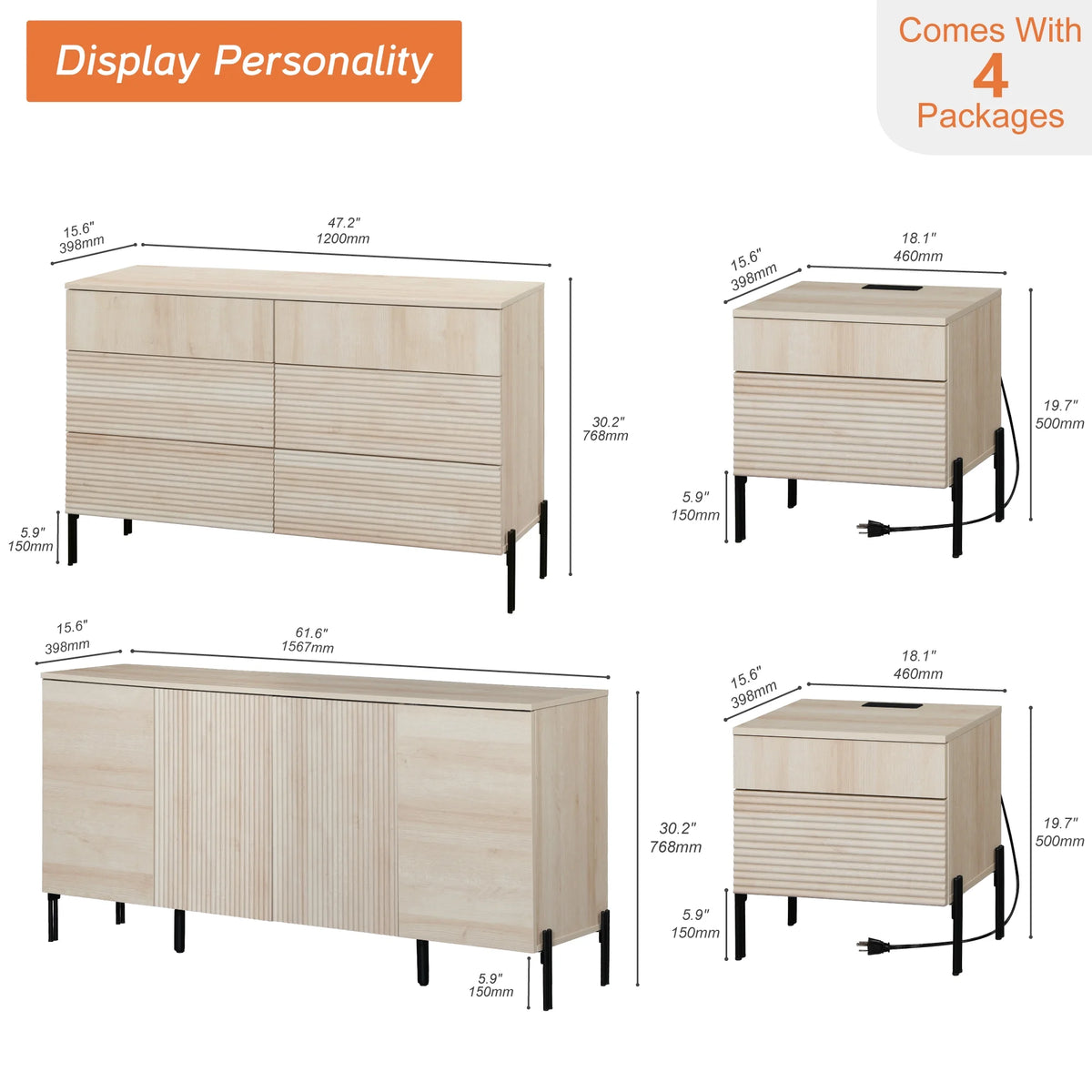4 Pcs Bedroom Set,6 Drawer Dresser And Nightstand Sets For Bedroom,Night Stand Set Of 2, Modern Accent Cabinet With Hidden Handles, Reed Pattern & Double Chopsticks Legs