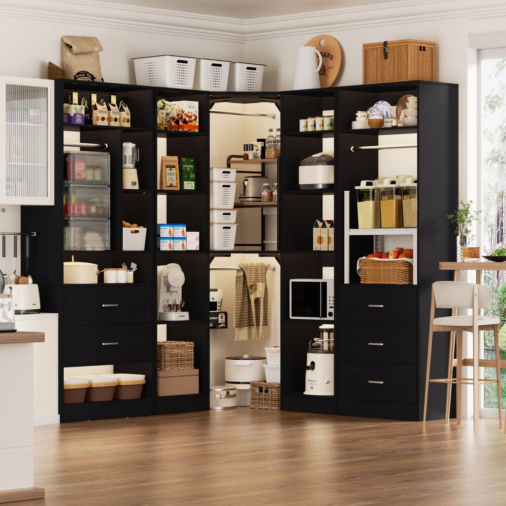 Homieasy Freestanding Closet System with 3 Sets, 87.2" Closet Organizer System with 5 Drawers & 4 Hanging Rods, Reversible L Shaped Walk-in Closets, Black