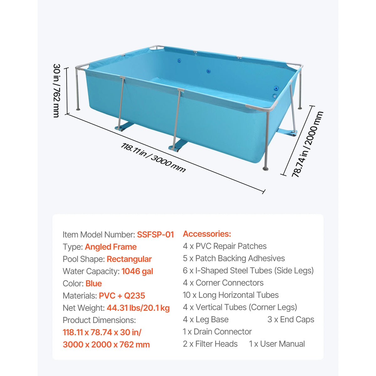 KFFKFF Rectangular Steel Frame Swimming Pool, 118 x 78 x 30 in, Durable Outdoor Family Pool for Backyard, Easy Assembly with Rust-Resistant Design, 1046 Gallon Capacity, Blue