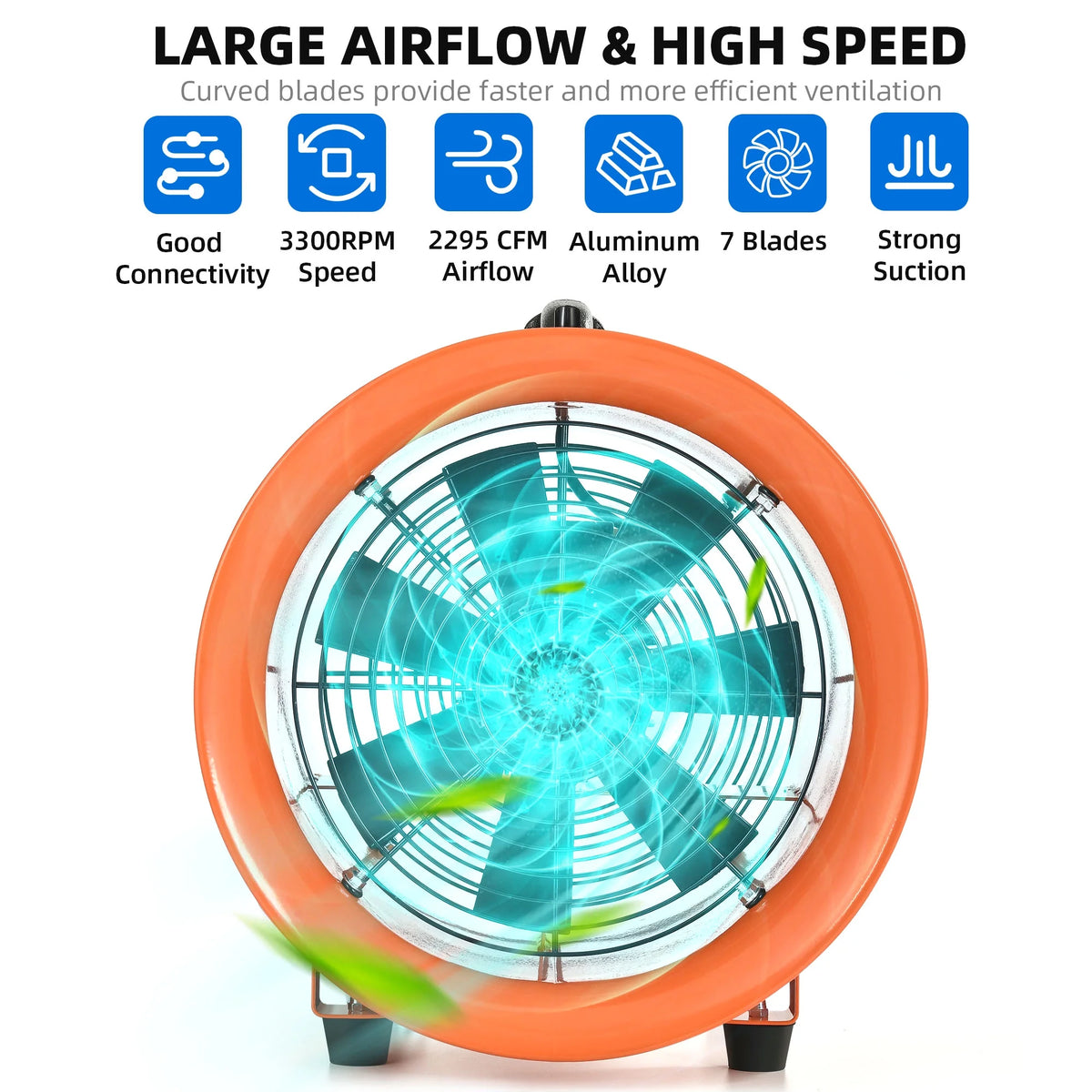DEXTRUS 12" Utility Blower Extractor Fan, 3300 RPM High Velocity Utility Ventilator with 16ft Duct Hose for Factories, Basements, Orange