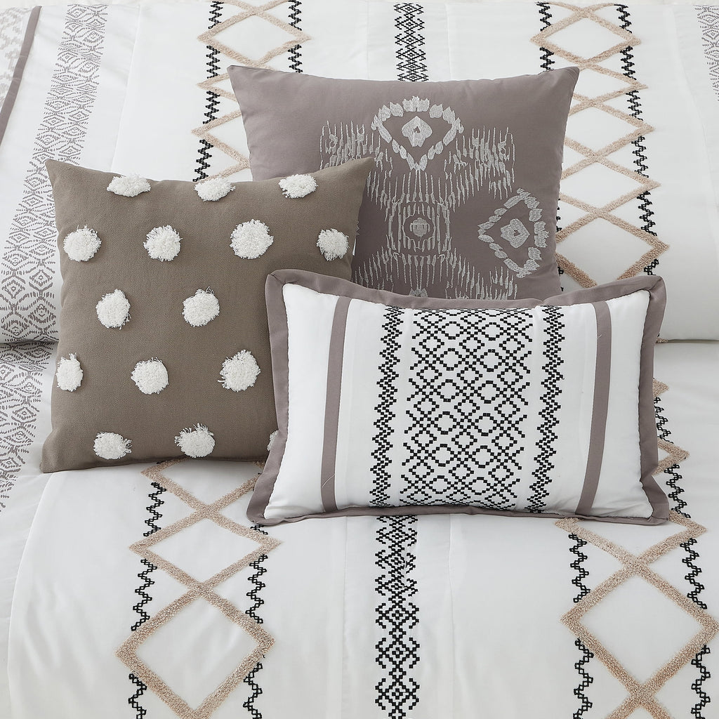 Lanco Luxury 7 Piece Cozy Boho Comforter Set Queen Beige Embroidered Girls Bedding, Premium Microfiber, All Season Home Décor