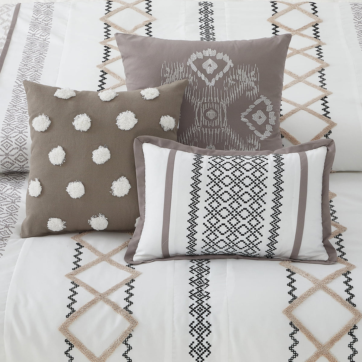 Lanco Luxury 7 Piece Cozy Boho Comforter Set Queen Beige Embroidered Girls Bedding, Premium Microfiber, All Season Home Décor