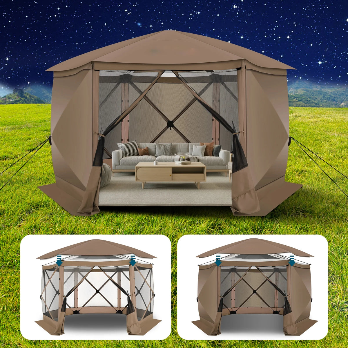 COBIZI 12'x12' Pop-up Gazebo Outdoor Camping Tent with 6 Sides Mosquito Netting, Waterproof, UV Resistant, Portable Screen House Room, Easy Set-up Party Tent with Carry bag, Ground Spike, Brown