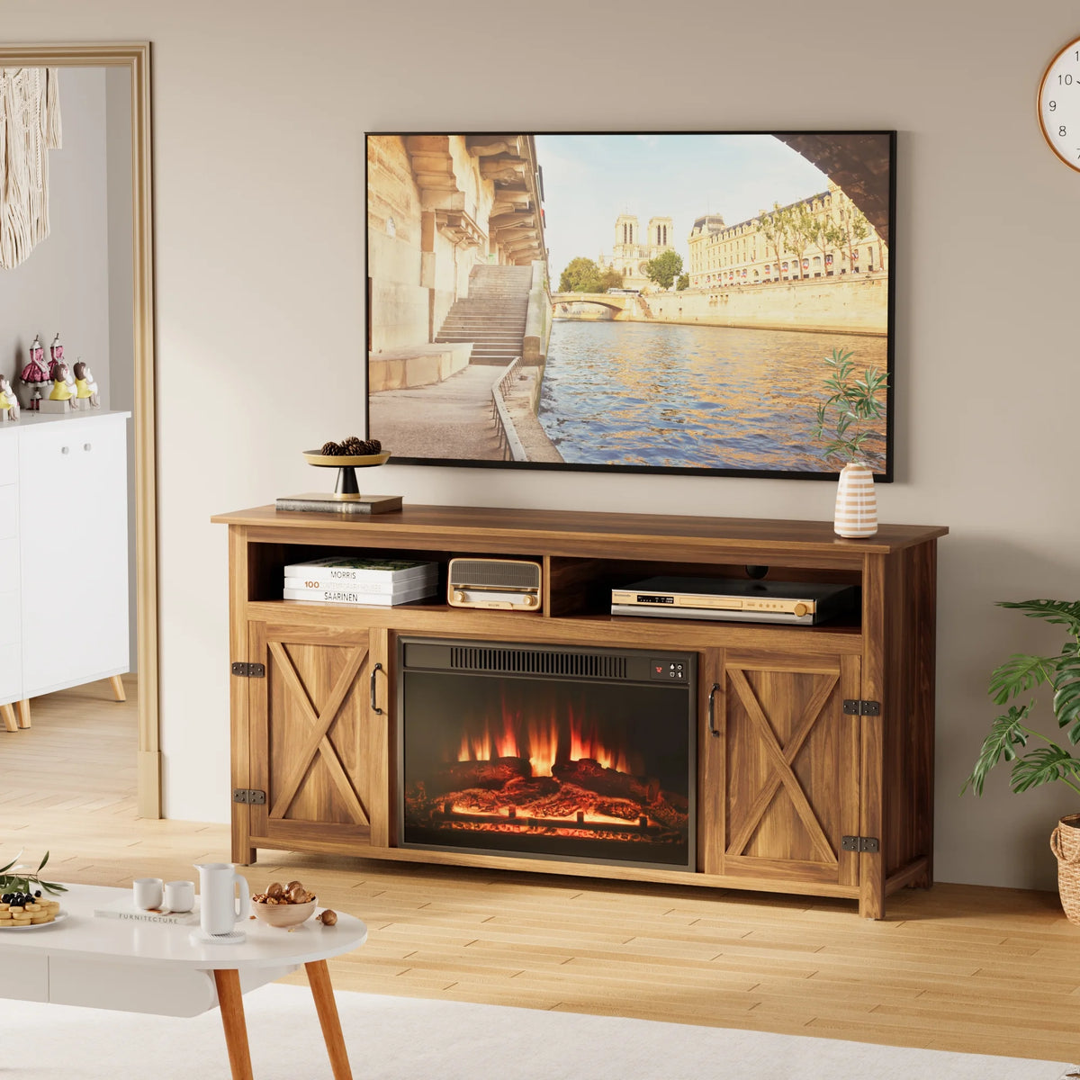Homall Rustic 65" Television Stand with Electric Fireplace & 2 Shelves, Wood Oaken, 15.1'' W