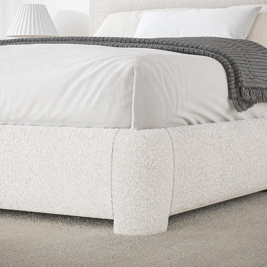 4 EVER WINNER Twin Size Bed Frame, Modern Bed Frame with Headboard, Boucle Fabric Upholstered Bed Frame, Soft Curved Headboard, Cream