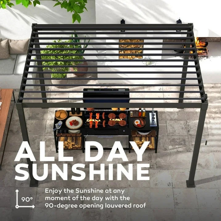 Mirador 10'x 10' Outdoor Pergola, 80S Steel Frame w/ Adjustable Louvers Roof for Garden, Patio, Backyard, Dark Gray