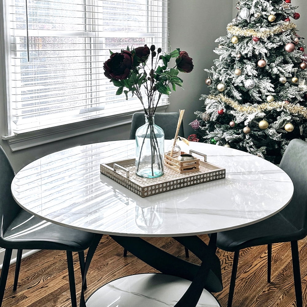 POVISON 7PCS Modern Dining Table Sets (59"Table + 6 Chairs), Round Glossy Sintered Stone Dining Table with Dining Chairs