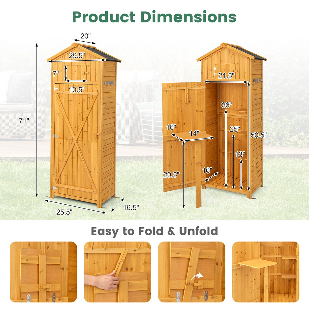 Costway Outdoor Lockable Wooden Storage Shed with Shelves, 71"x29.5"x20", Natural