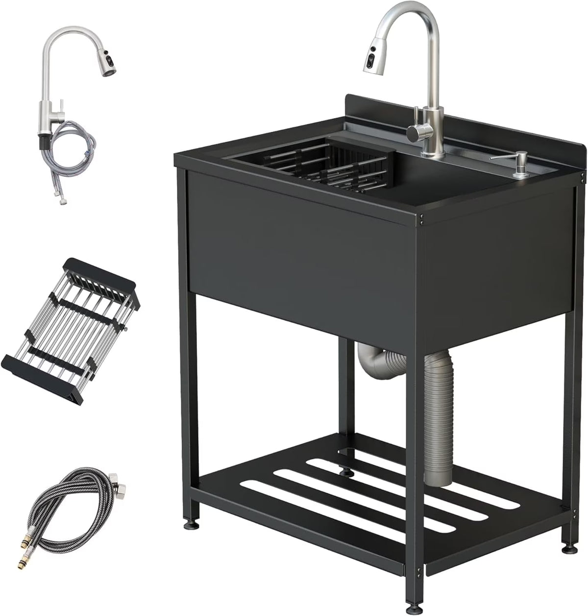 Stainless Steel Utility Sink, 30.8" × 22" × 39.5"Freestanding Sink with Cold and Hot Water Faucet,Hoses and Drain Kit for Kitchens, Bathrooms, Garage, Laundry Room