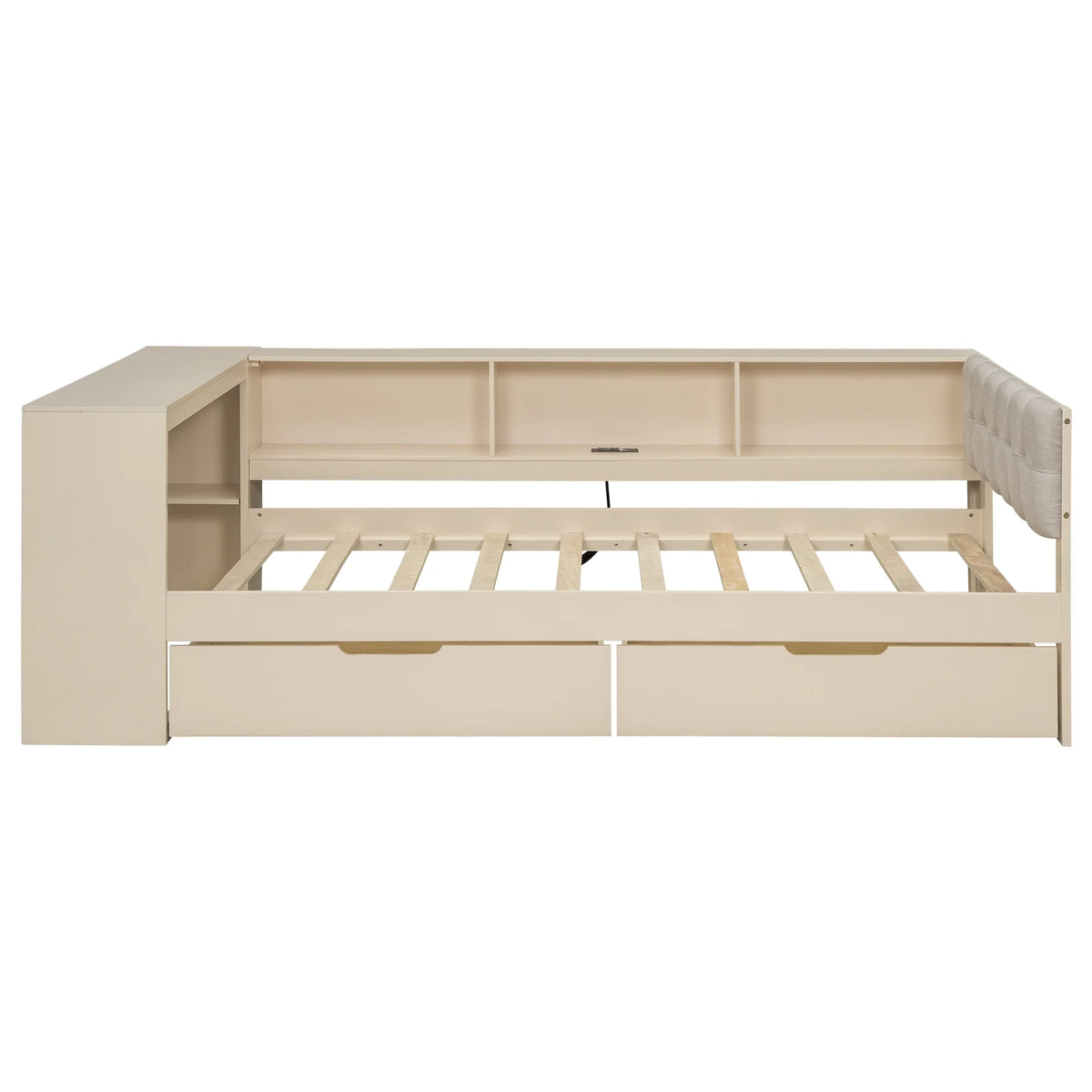 Euroco Wood Twin Size Platform Bed with Desk and Shelves, Drawers and USB Charging for Kids, Cream
