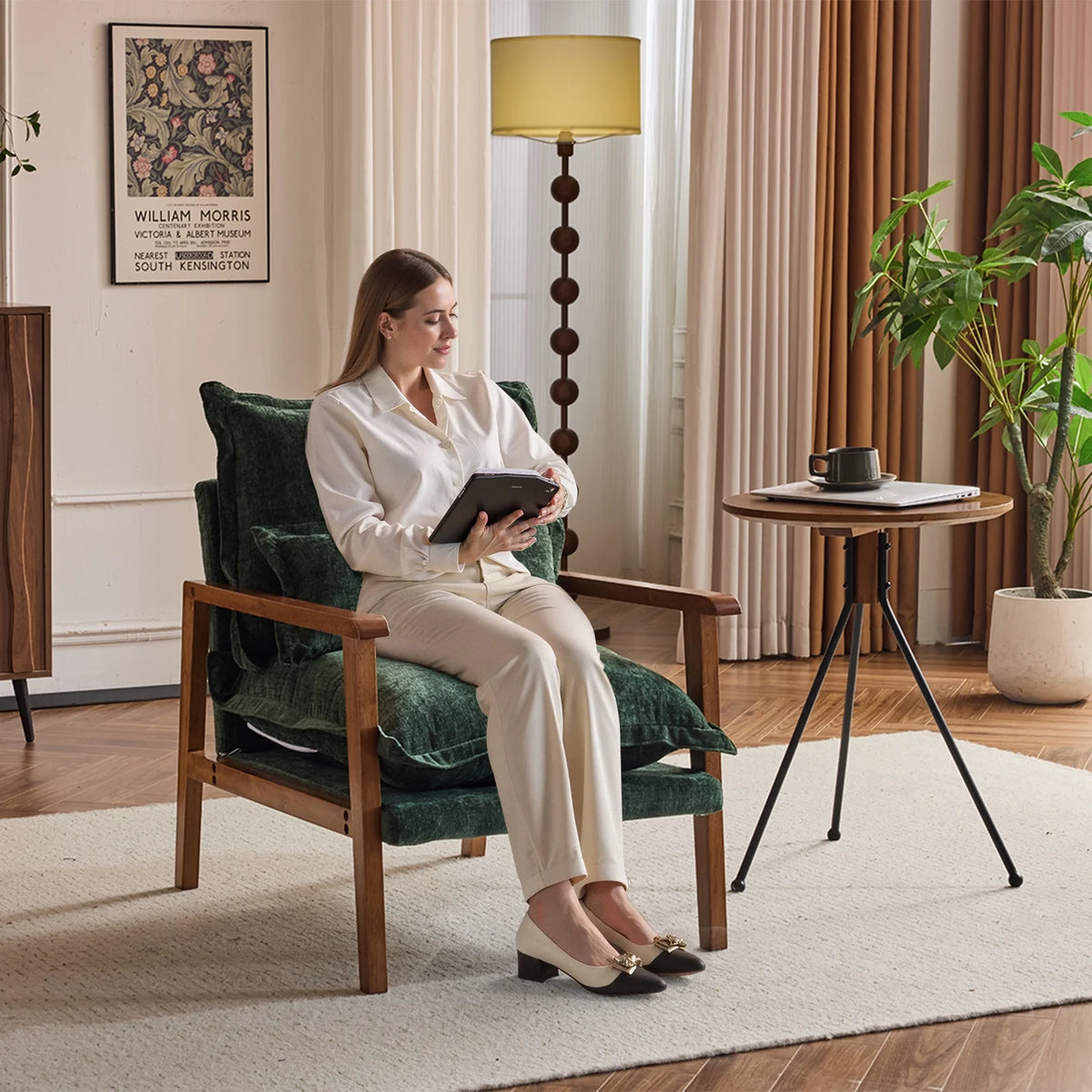 Ktaxon Chenille Accent Chair, Solid Wood Armrests Armchair, Metal Frame for Stability, Single Sofa with Comfortable Cushions and Lumbar Pillow Beige