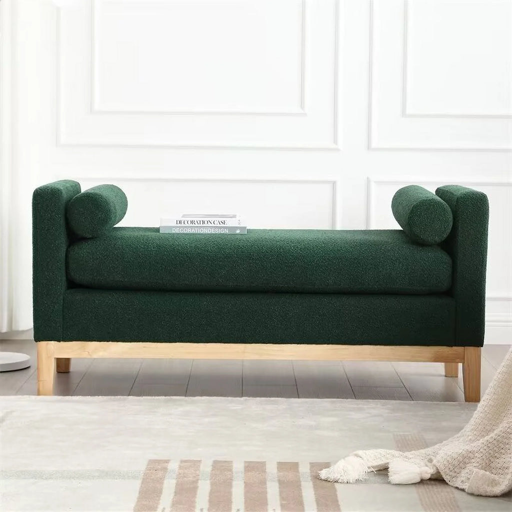 End of Bed Bench, 53.5" Boucle Fabric Upholstered Entryway Bench with Wood Legs & Bolster Pillows, Rolled Arm Cushioned Ottoman Foot Rest Long Stool Window Extra Seating for Bedroom, Ivory