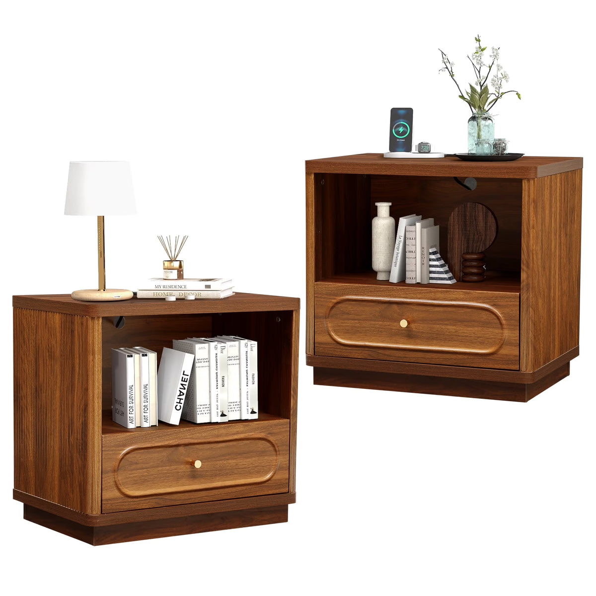 YOCWO 3 Drawer Nightstand, Classic Chest of Drawers with Arc Edge, Walnut