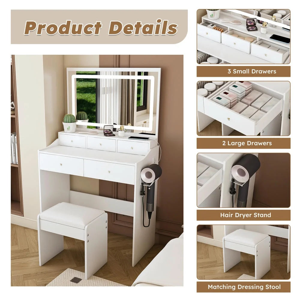 Kadyn Vanity Desk with Lighted Mirror, Vanity Table and Chair Set with 2 Drawers, Dressing Table Makeup Desk with 1 Door, Retro Gray