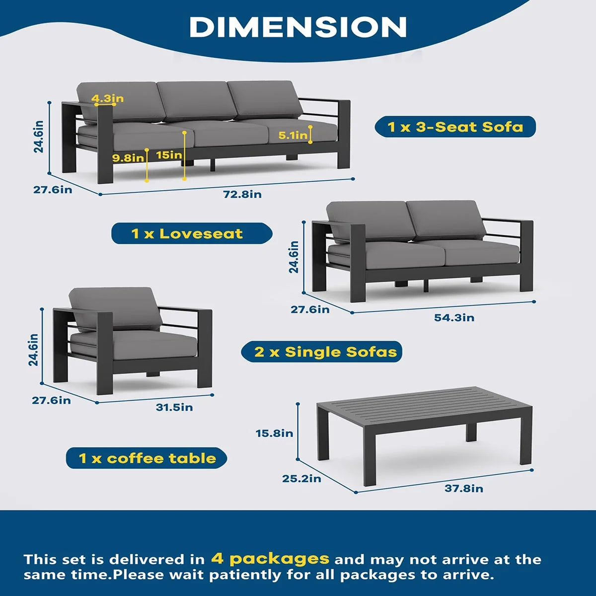 Ataucjin 5 Pieces Aluminum Patio Furniture Set, Outdoor Sectional Conversation Set Sectional Sofa with 4" Armrest & 5" Thick Cushions & Coffee Table��ship in 4 boxes��