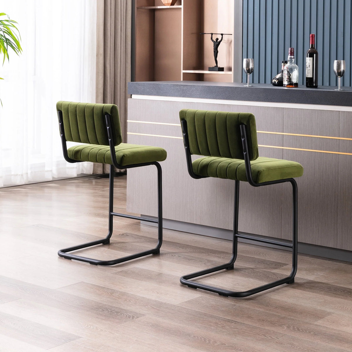 Zesthouse 24" Velvet Counter Stools Set of 2, Modern Counter Height Bar Stools with Back and Black Metal Base, Green