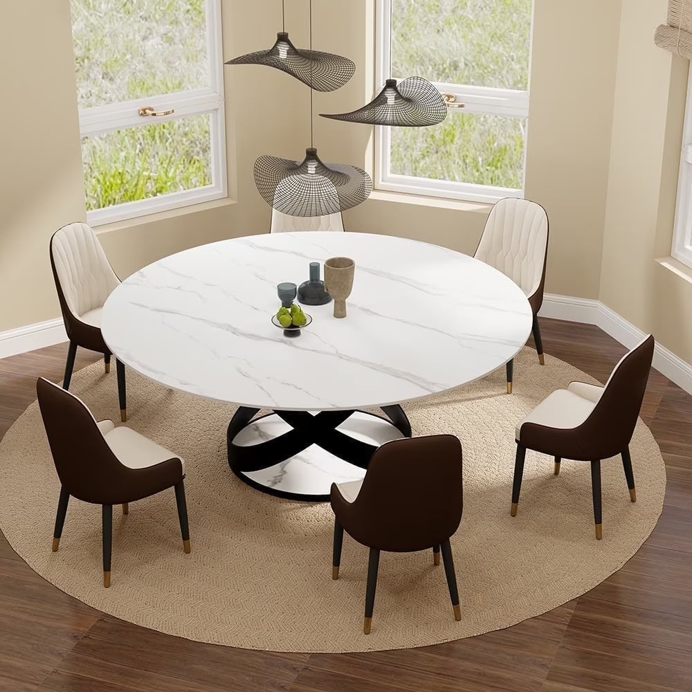 POVISON 7PCS Modern Dining Table Sets (59"Table + 6 Chairs), Round Glossy Sintered Stone Dining Table with Dining Chairs