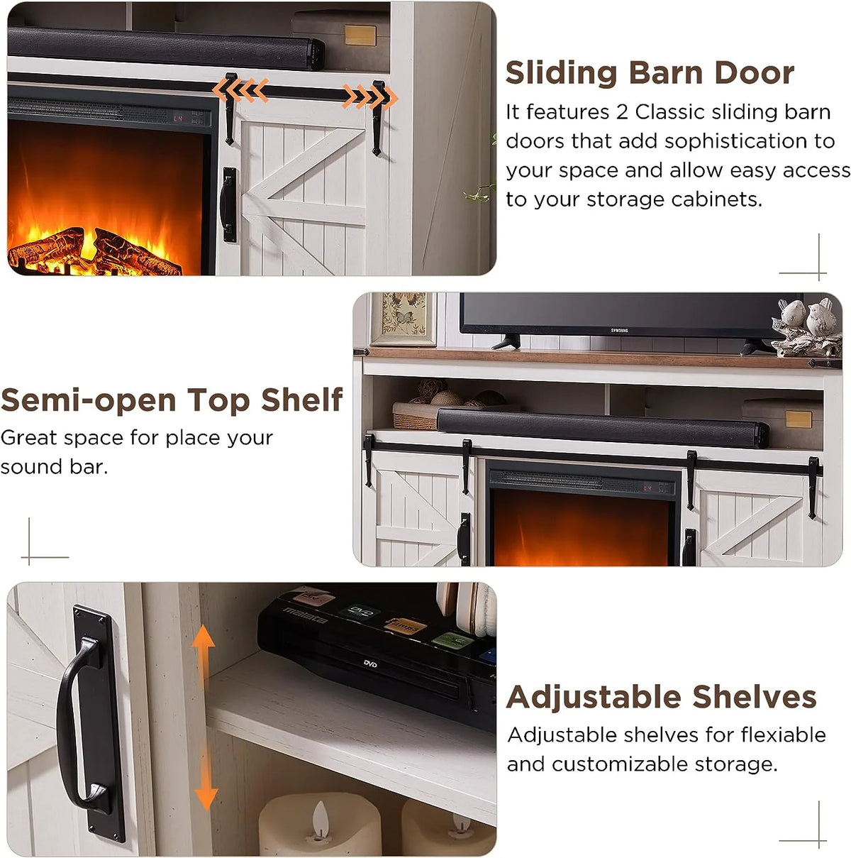OKD Farmhouse Fireplace TV Stand up to 70", Entertainment Center with 23" Fireplace & Open Storage Shelves for Living Room, Antique White