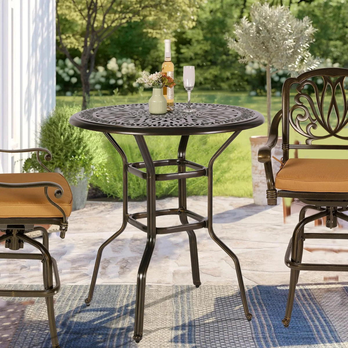 VIVIJASON 35.2" Patio Height Bar Table, All-Weather Cast Aluminum Bar Bistro Table Outdoor Patio Round Dining Table with Umbrella Hole for Balcony, Lawn, Garden, Backyard, Antique Bronze