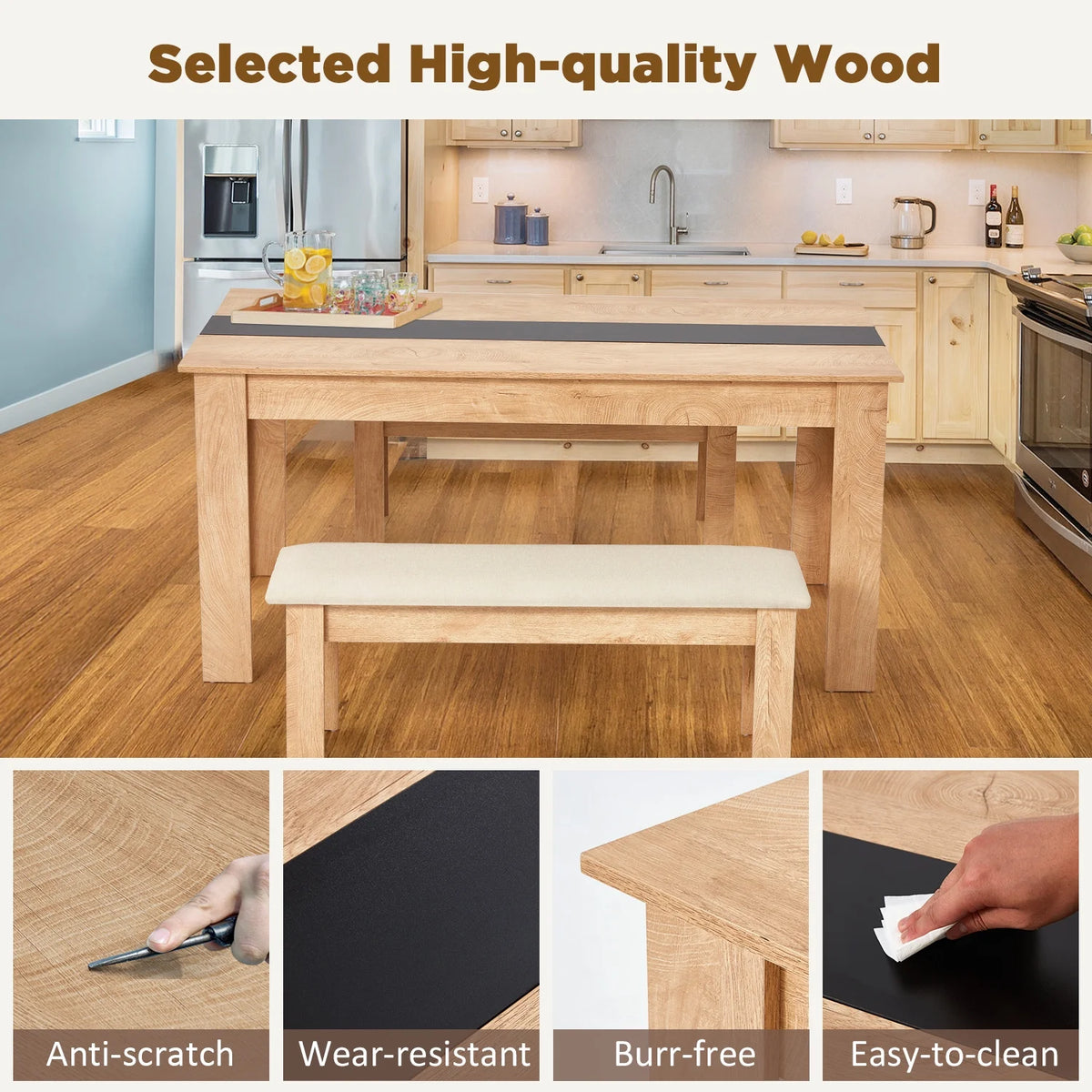 AVAWING 44" Dining Room Bench Set of 2, Wood & Linen Fabric Kitchen Benches, Beige & Natural